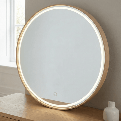 Pre Order End June Florence Round Oak Mirror 60cm - Round oak bedroom mirror with LED lighting, ideal for dressing tables.
