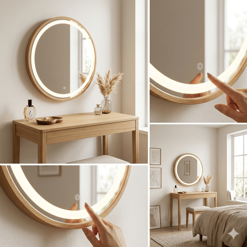 Pre Order End June Florence Round Oak Mirror 60cm, scandi oak framed mirror, wall mounted bedroom dressing table.