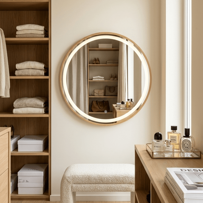 Pre Order End June Florence Round Oak Mirror 60cm in a stylish bedroom featuring oak furniture and Scandi design.