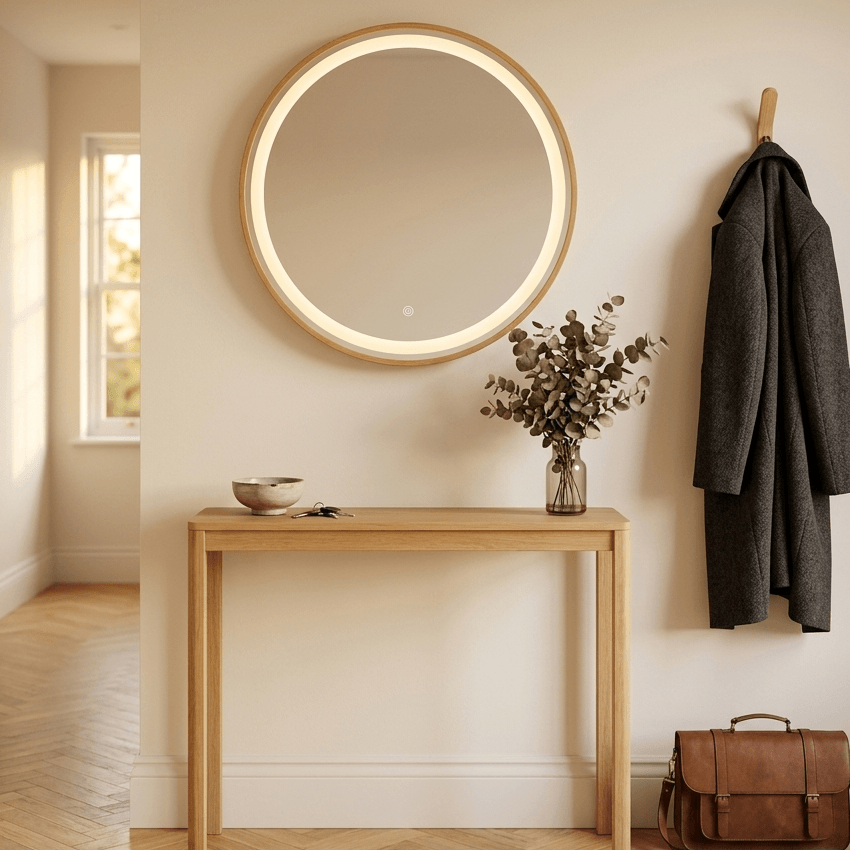 Pre Order End June Florence Round Oak Mirror 60cm in a stylish Scandi-inspired bedroom setup with oak furniture.
