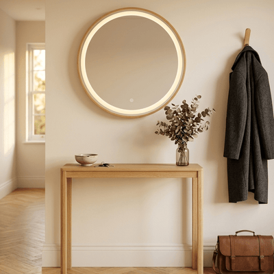 Pre Order End June Florence Round Oak Mirror 60cm in a stylish Scandi-inspired bedroom setup with oak furniture.