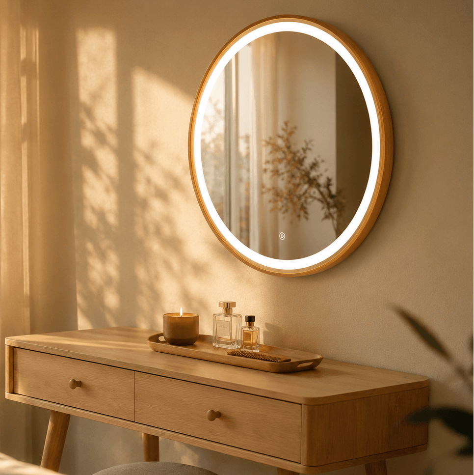 Pre Order End June Florence Round Oak Mirror 60cm wall mounted oak framed mirror above a scandi style dressing table in a bedroom.