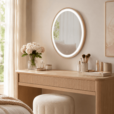 Pre Order End June Florence Round Oak Mirror 60cm above a stylish oak dressing table with decor in a chic bedroom.