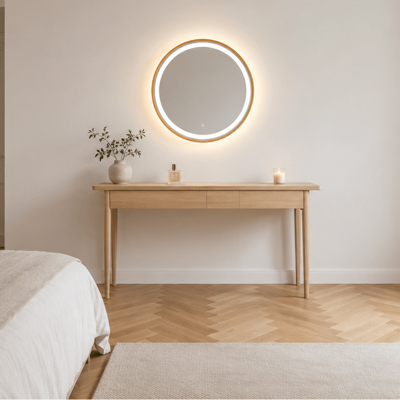 Pre Order End June Florence Round Oak Mirror 60cm above a stylish oak dressing table in a scandi bedroom.