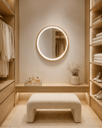 Florence Round Oak Mirror 60cm in a stylish scandi bedroom with wall-mounted oak framed design and dressing table setup.