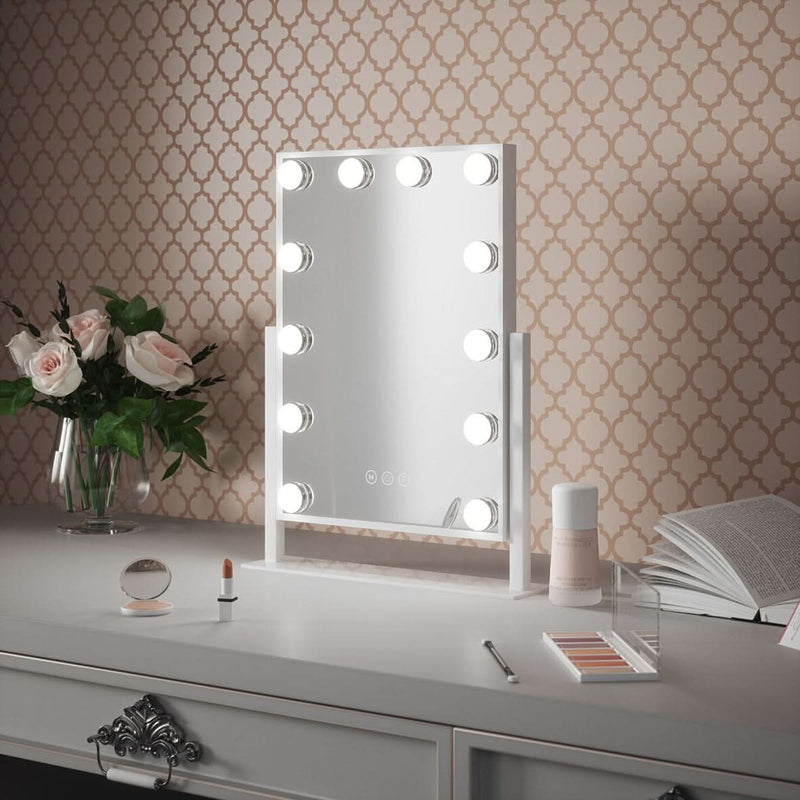 Olsen Hollywood mirror cheap affordable tilt 360 degrees white frame illuminated makeup mirror with led bulbs tri colour and touch switch