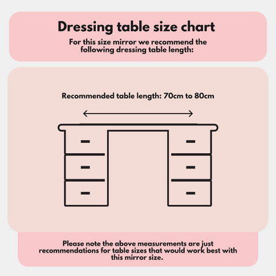 Size chart for dressing tables with drawers on both sides: For the Olsen Hollywood Mirror White 47x37cm by hollywood mirrors, a table length of 70–80cm is suggested for best fit with adjustable brightness features.