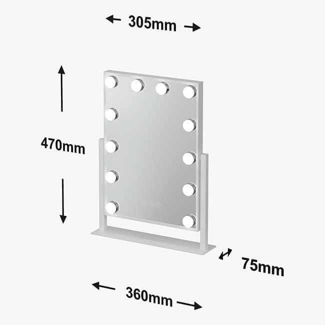 The Olsen Hollywood Mirror White 47x37cm by hollywood mirrors features a rectangular design with 12 LED bulbs, adjustable brightness, and comes with a white frame and stand. Mirror size: 470mm x 370mm; base: 360mm wide x 75mm deep.