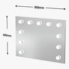 The Penelope Hollywood Mirror Wall Mounted 80cm x 60cm features twelve round LED bulbs around its edges and clear arrows indicating dimensions—ideal for any makeup artist.