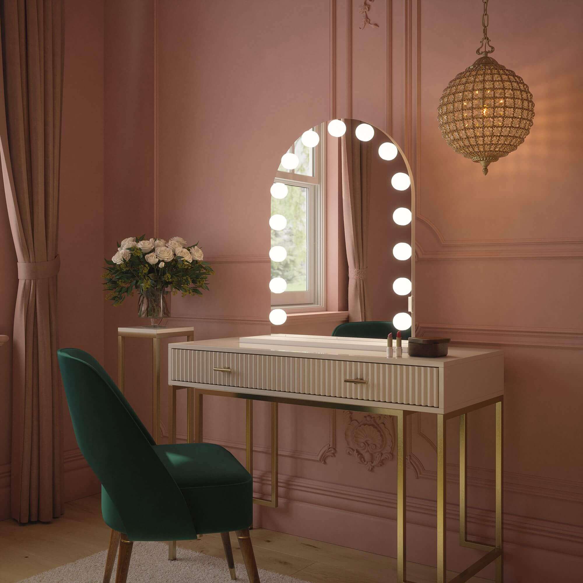 Charlize Arch Hollywood Mirror on a vanity table with LED bulbs, featuring a soft arch design and modern elegance in a pink room.