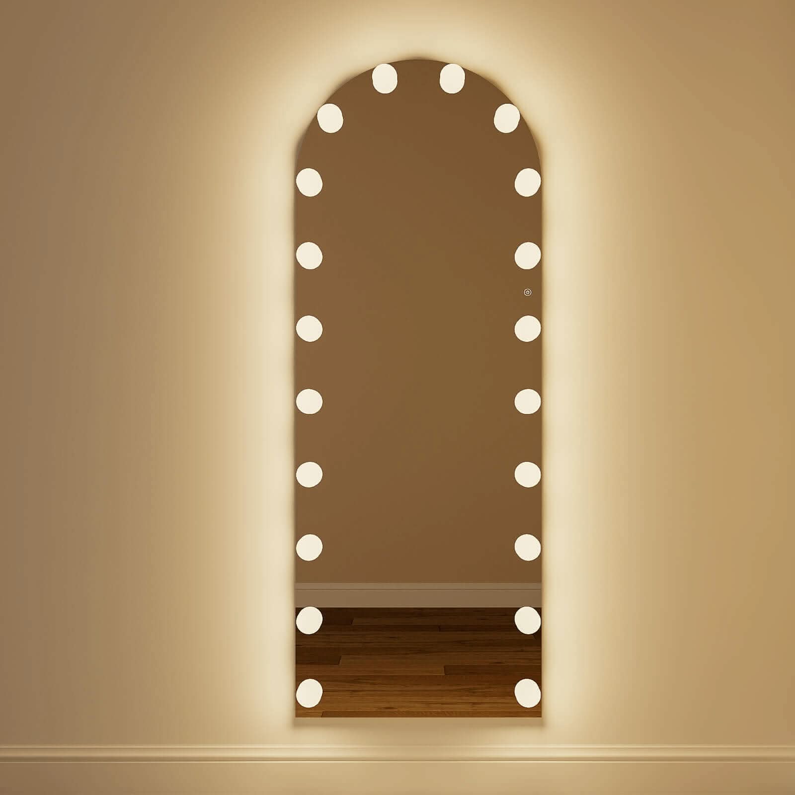 Angelina full-length arch Hollywood mirror with 20-bulb LED lights, 160x60cm, for glamorous, studio-worthy lighting and selfies.