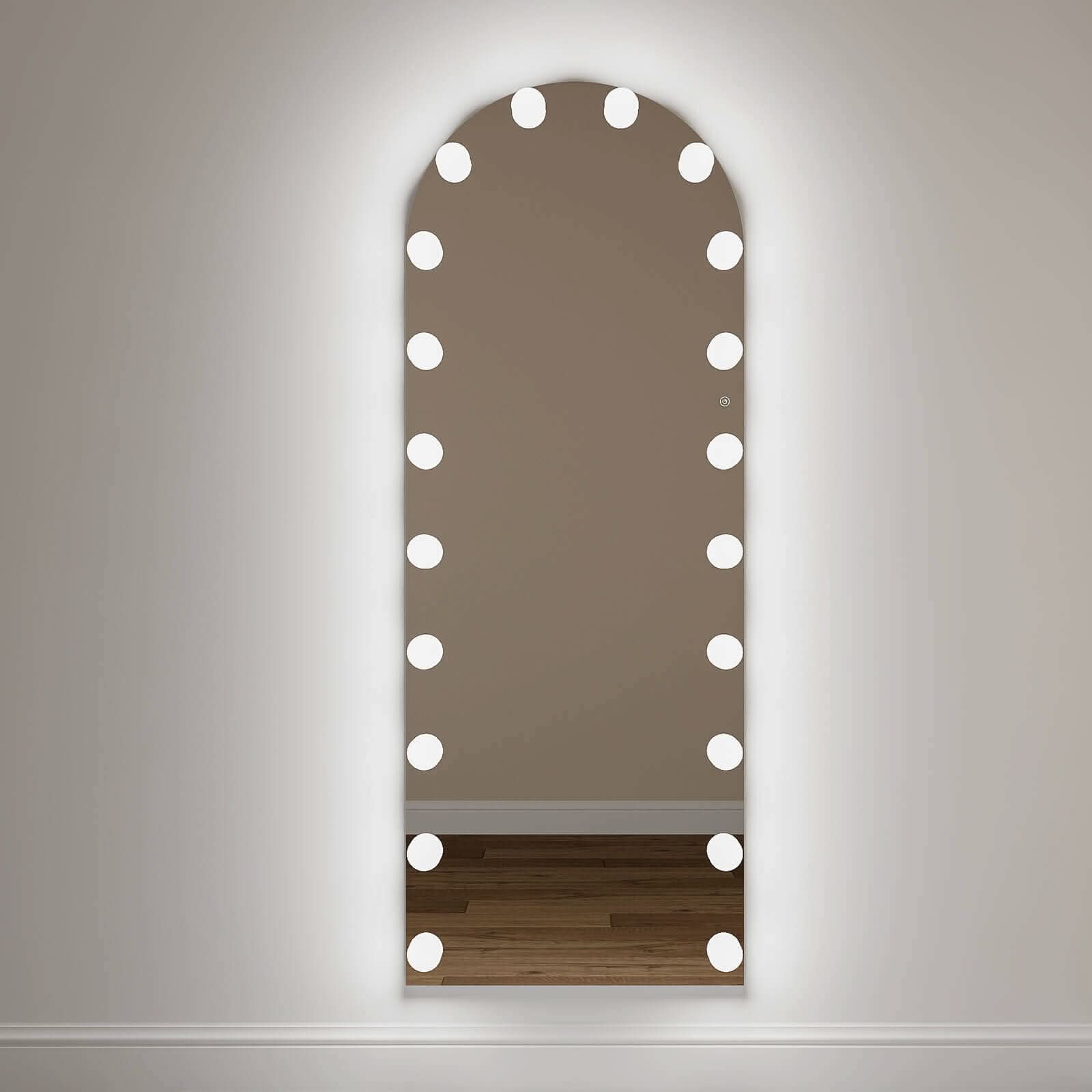 Angelina Full Length Arch Hollywood Mirror with 20 LED bulbs, 160x60cm, features dimmable three-color lighting for perfect selfies.