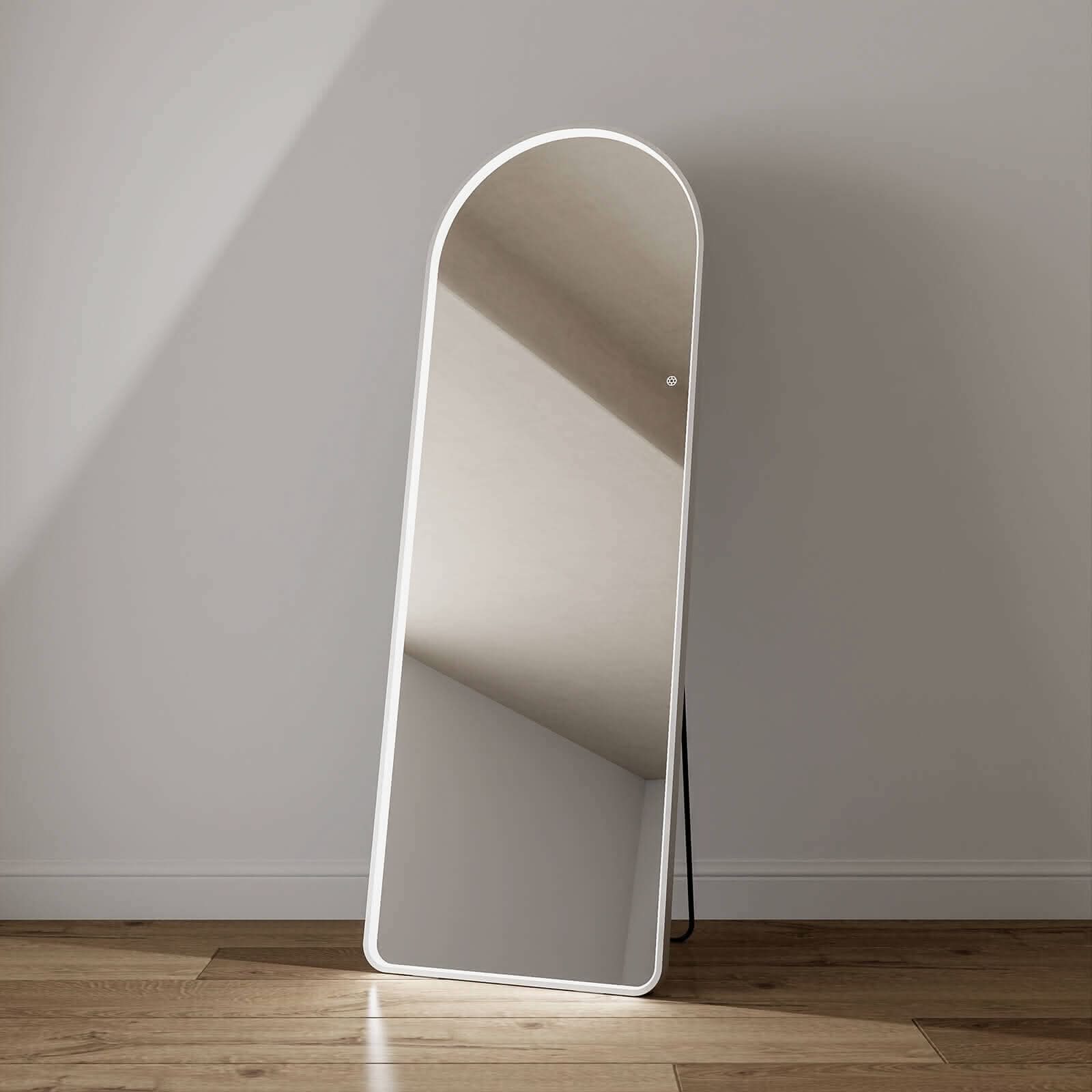 Sophia Full Length Arch Mirror with White Frame and LED Lighting, 150cm x 50cm, featuring touch-activated controls and three light modes.