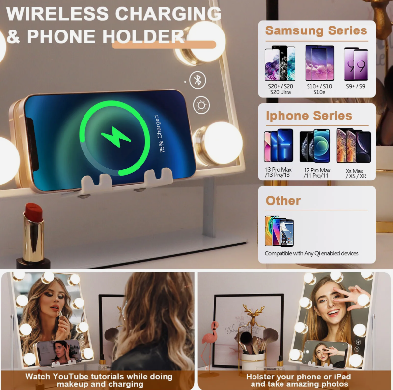 The Renée Bluetooth Hollywood Mirror 30x25cm is shown with built-in wireless charging phone holder, compatible with Samsung and iPhone models. Images feature a woman using the LED-lit mirror to do her makeup while watching videos on her phone.