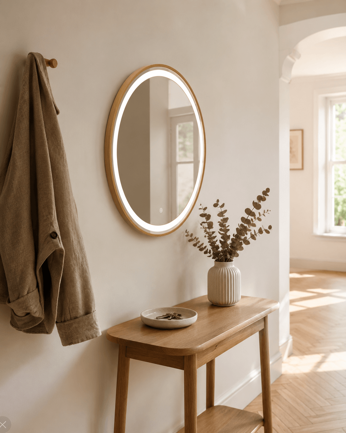 Pre Order End June Florence Round Oak Mirror 60cm in a stylish bedroom setting, wall mounted with natural oak frame.