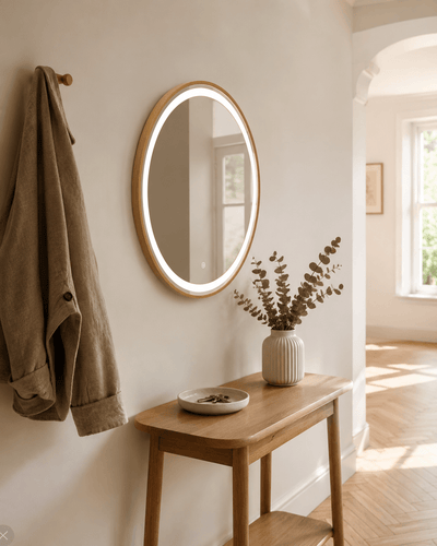 Pre Order End June Florence Round Oak Mirror 60cm in a stylish bedroom setting, wall mounted with natural oak frame.