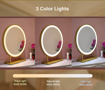 round dressing table mirror in gold with tri colour led lights