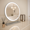Luxurious silver round Hollywood mirror with LED lighting, 60x63cm, adds elegance to dressing rooms, featuring customizable light settings.