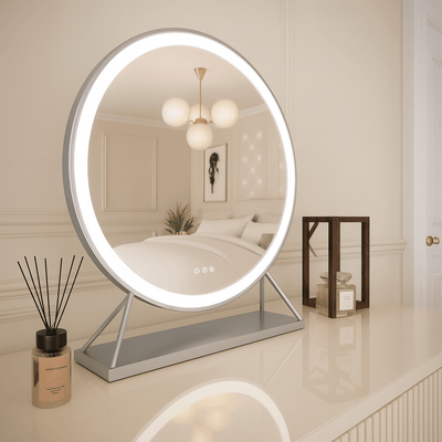 Luxurious silver round Hollywood mirror with LED lighting, 60x63cm, adds elegance to dressing rooms, featuring customizable light settings.