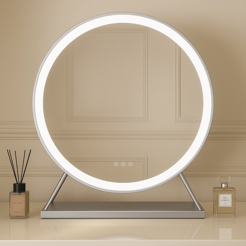 Luxurious Silver Round Hollywood Mirror with LED Lighting, 60x63cm, perfect for elegant dressing rooms