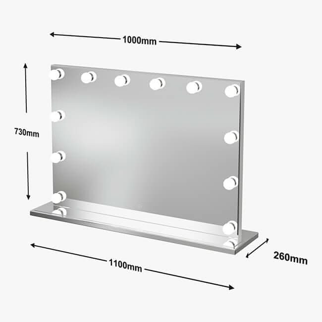 The Scarlett Large Hollywood Mirror 100x70cm by hollywood mirrors features 12 LED bulbs, measuring 100cm wide by 70cm tall, on a sleek base (110cm x 26cm). Black arrows highlight its dimensions.
