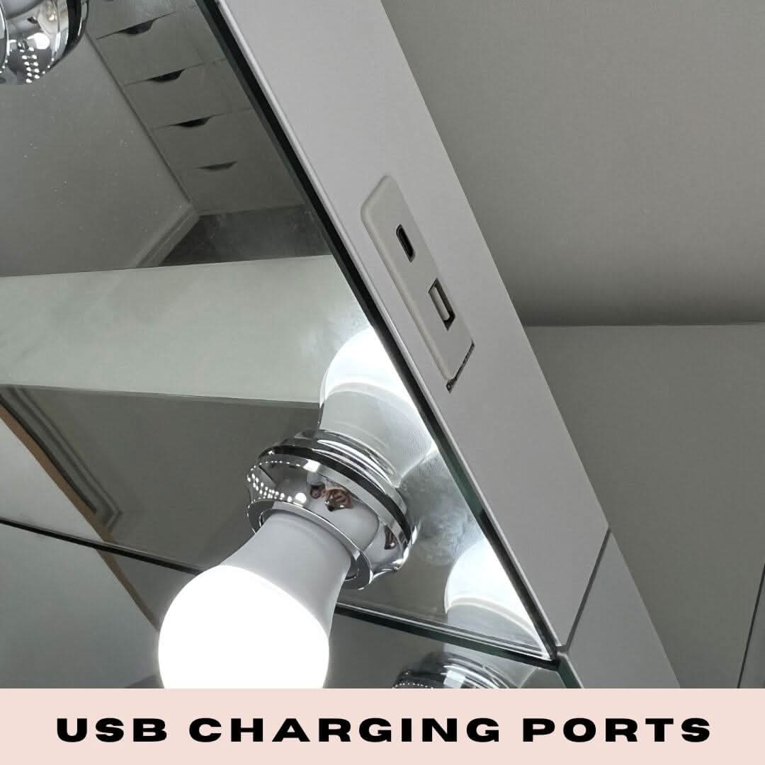Close-up of the Scarlett Large Hollywood Mirror 100x70cm by hollywood mirrors, featuring built-in USB charging ports above an LED bulb fixture. At the bottom, the text reads: USB CHARGING PORTS.