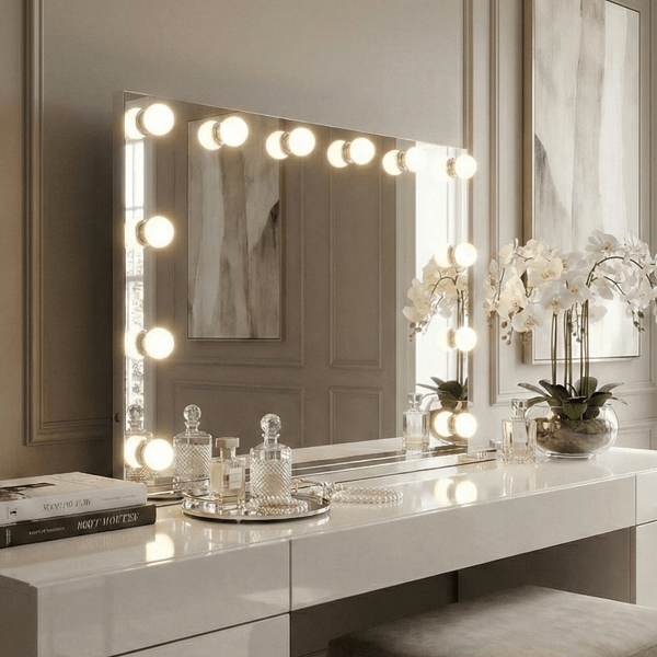 Scarlett Large Hollywood Mirror 100x70cm with LED lights in modern dressing room setting