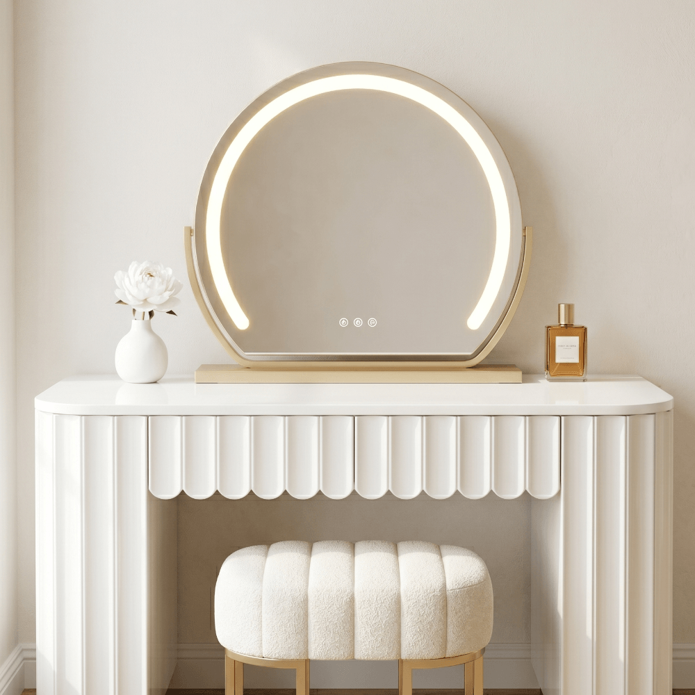 Sienna LED Vanity Mirror on elegant white dressing table showcasing serene bath aesthetic.