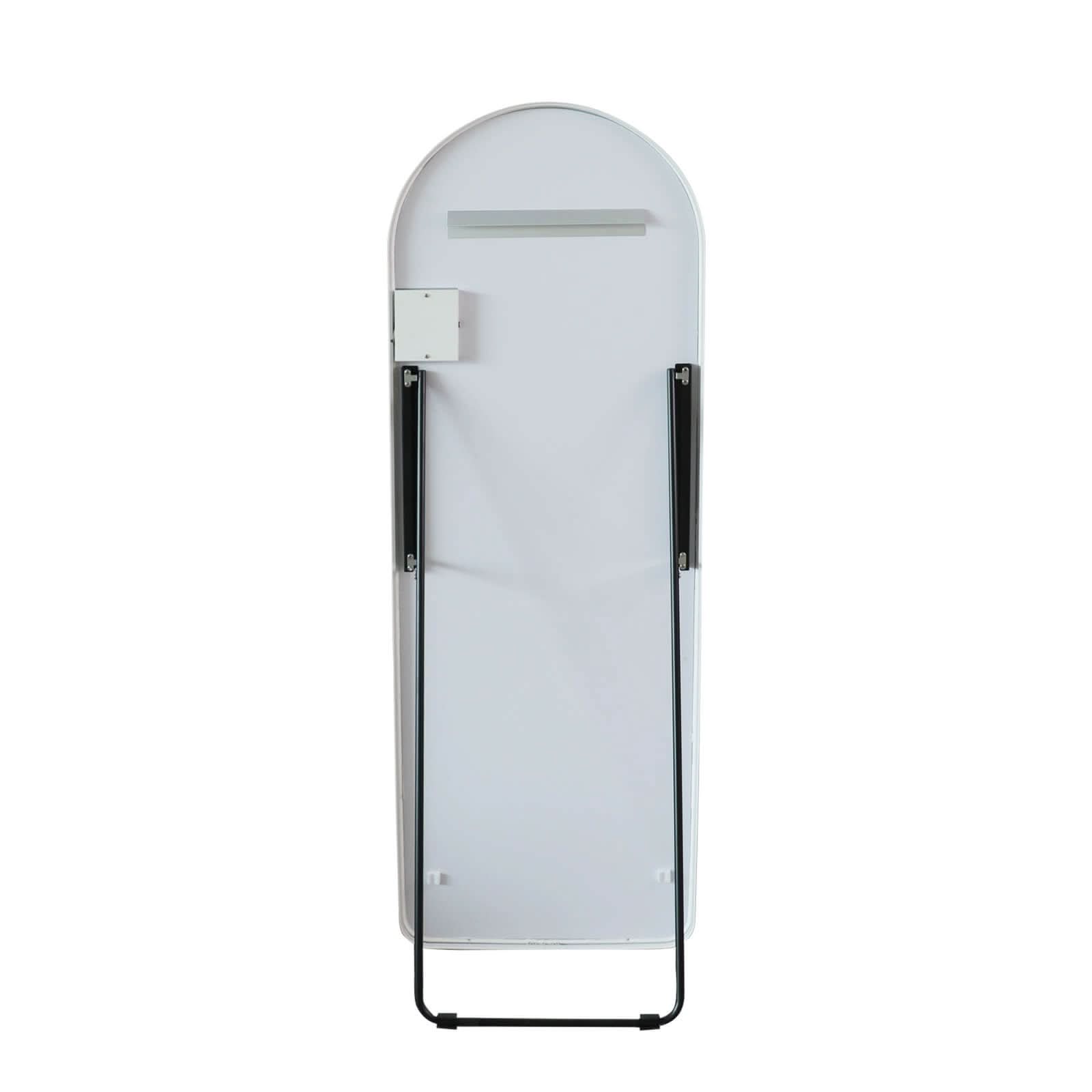 Back view of Sophia Full Length Arch Mirror with white frame and LED lighting, showing stand and wall mounting features.