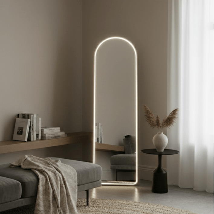 Modern floor mirror with LED lighting in a minimalistic room.