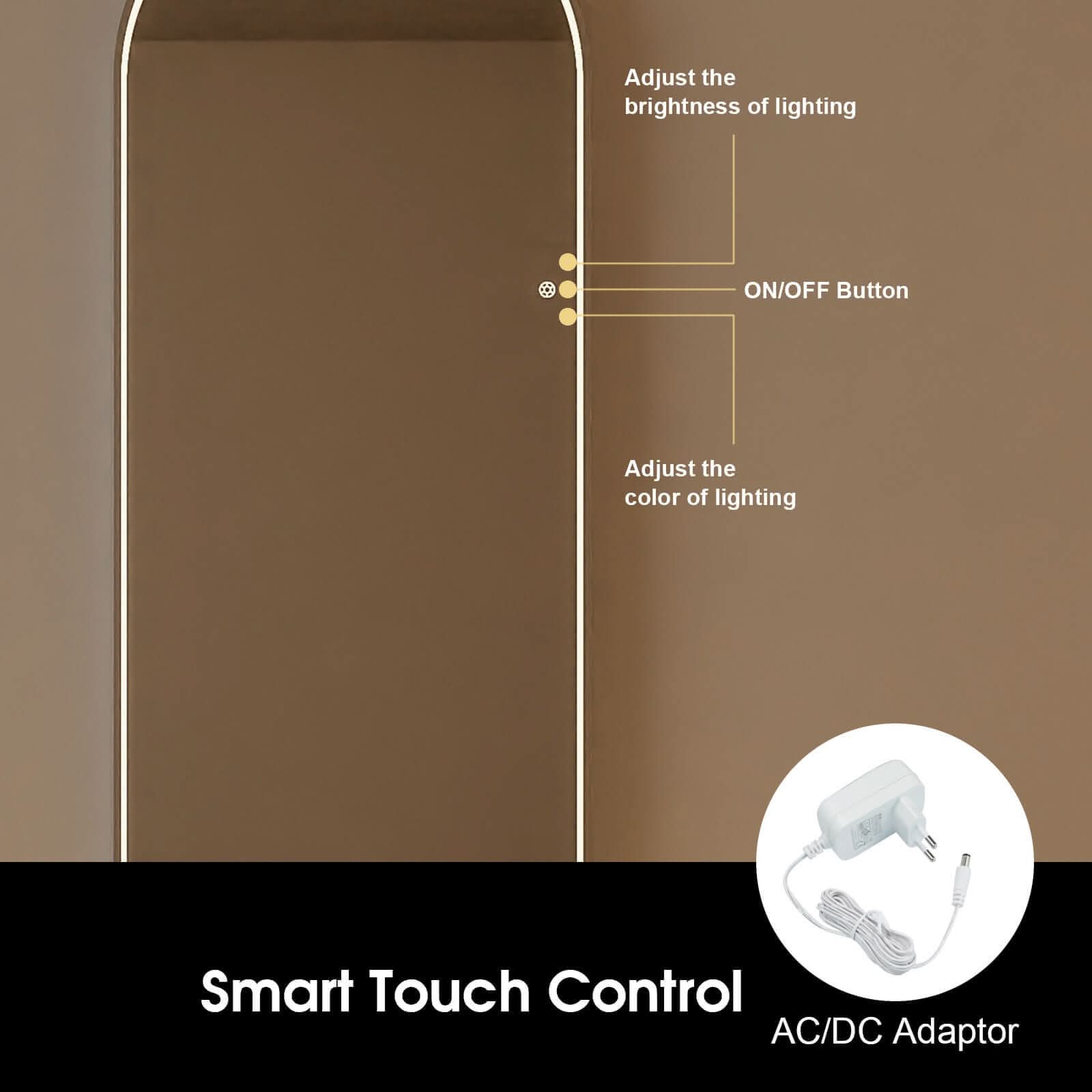 Sophia Arch Mirror with touch controls for light adjustment and AC/DC adaptor, featuring warm, natural, and cool white modes.