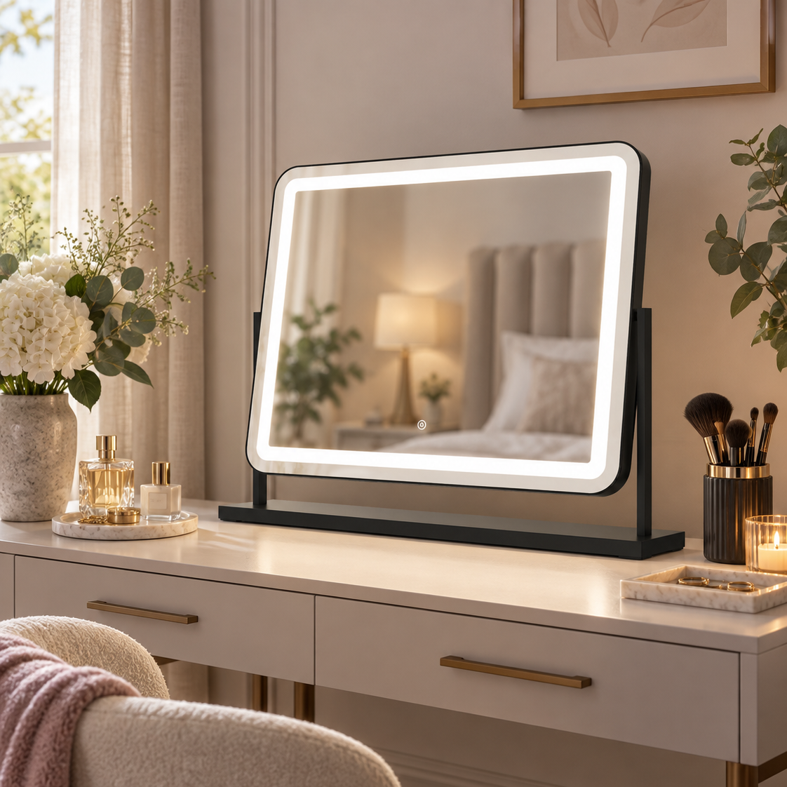 Noir Matt Black LED vanity mirror with lights on a dressing table, showcasing adjustable tilt for makeup application.