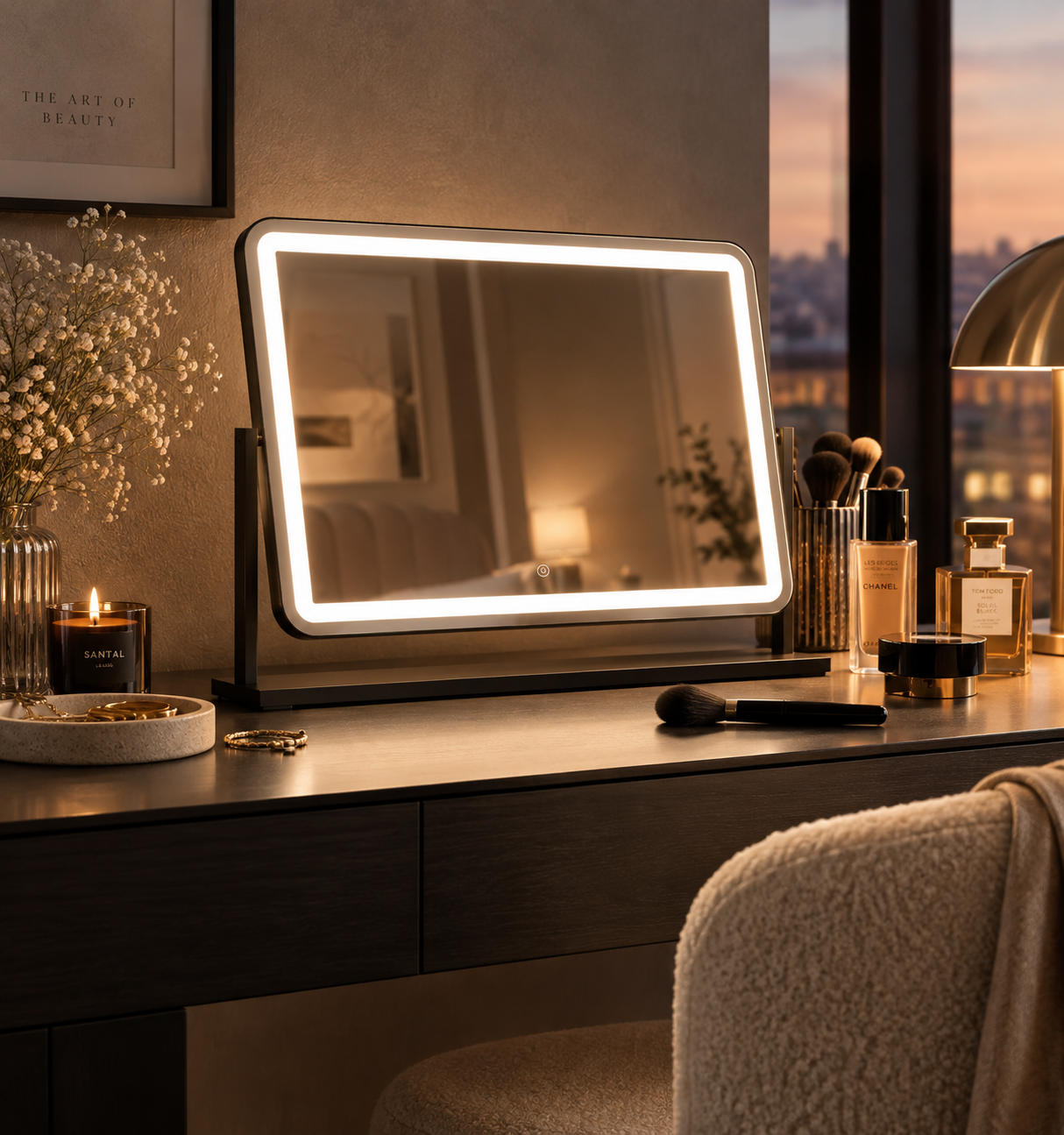 Noir Matt Black LED Vanity Mirror with Lights on a stylish dressing table.