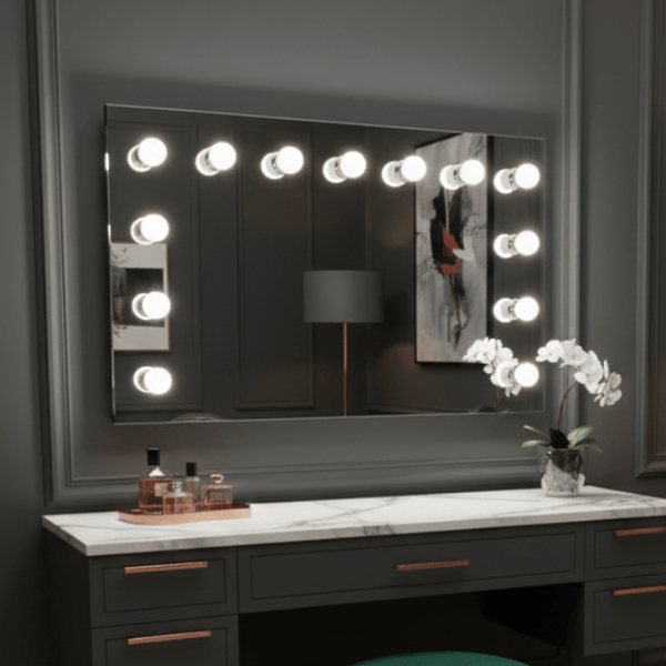 Nicole Hollywood Mirror Wall Mounted 100x60cm with LED bulbs above a stylish vanity table.