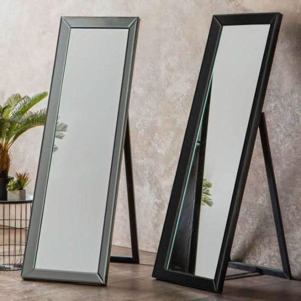 Angled Luna Cheval Mirrors in Black and Gray with elegant frames and kick stands, perfect for home decor and adding timeless style.