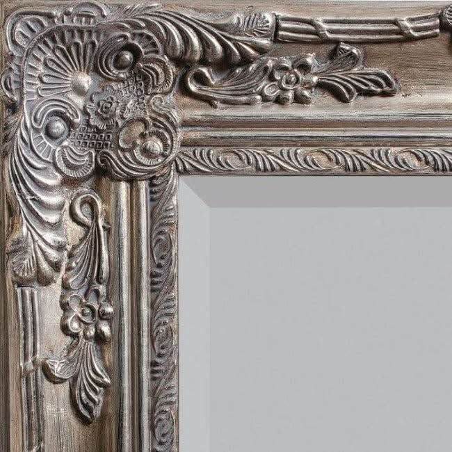 Baroque style antique silver Hampshire mirror with detailed floral design, perfect for foyers, buffets, or bathrooms.