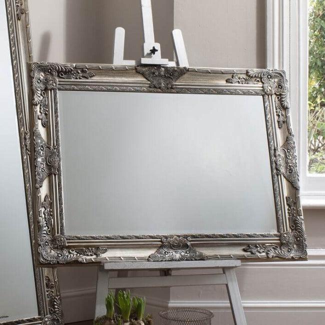 Antique Silver Hampshire Mirror-Small with Baroque style, hand-applied silver leaf, perfect for foyer or bathroom décor.