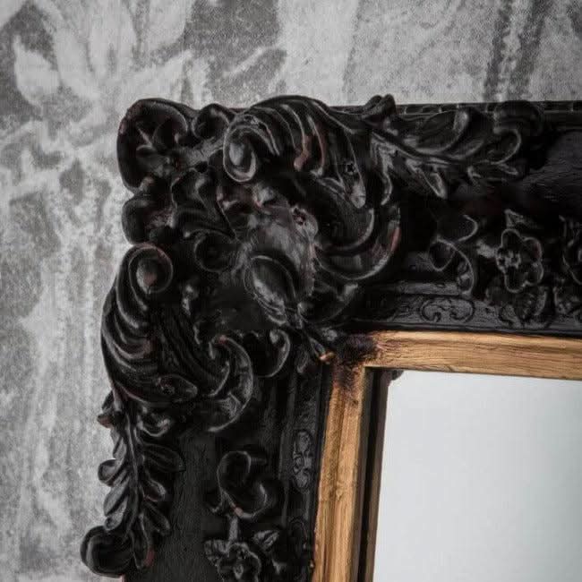 Close-up of Antique Black Baroque Moulding on Large Harrelson Mirror reflecting luxurious design for living spaces.