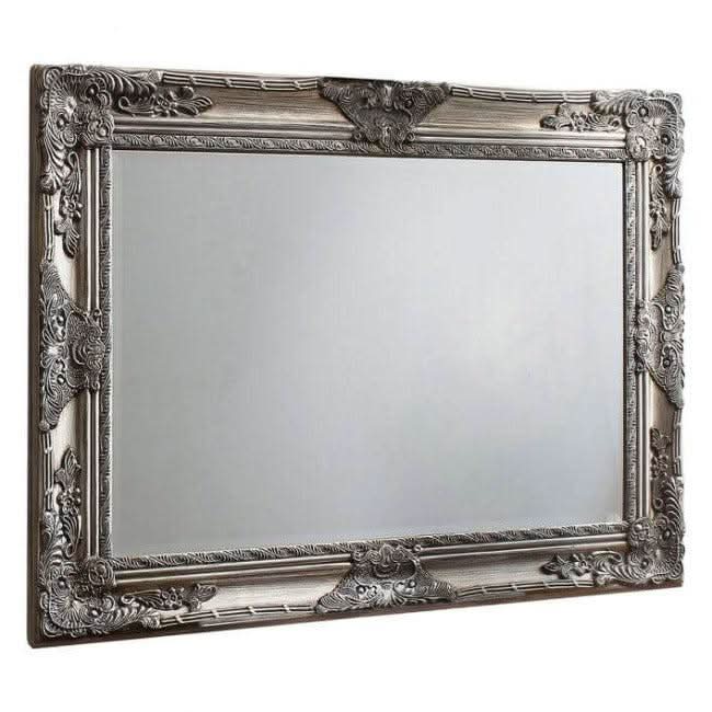 Antique Silver Hampshire Mirror with ornate Baroque-style frame, perfect for foyers, buffets, or bathrooms. Small size.