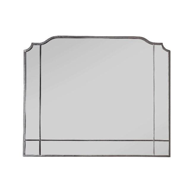 Art Deco overmantle mirror in grey with elegant design and unique top shape, hangs vertically or horizontally, 105cm x 86.5cm.