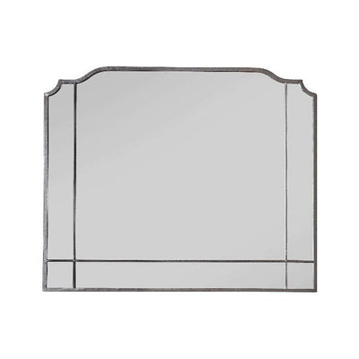 Art Deco overmantle mirror in grey with elegant design and unique top shape, hangs vertically or horizontally, 105cm x 86.5cm.