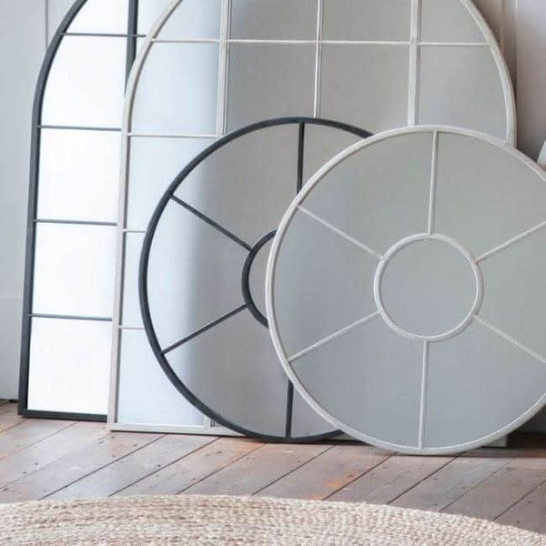 Black Valence round mirror with window-style design, suited for both cottage and contemporary decor. Dimensions: 600mm diameter.