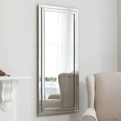 Chambery Leaner Mirror with two-step frame and pewter finish, adding a modern touch to room décor.