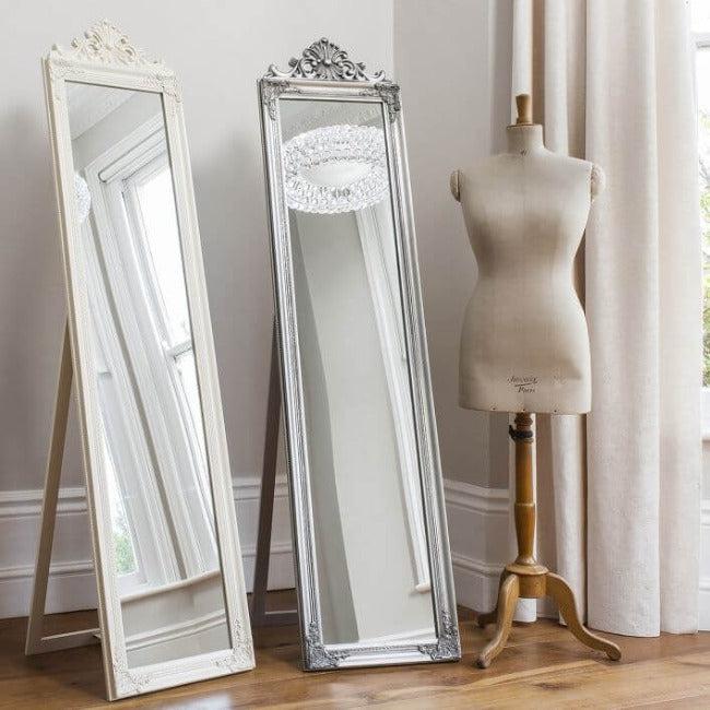 Elegant silver wooden cheval floor mirror with decorative leaf finish, perfect for traditional interiors.