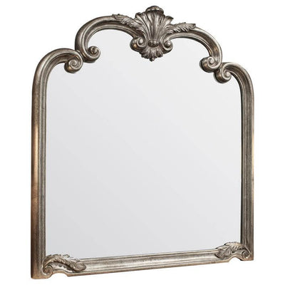 Ballagio Overmantle Mirror in Silver Leaf with ornate detailing, 104cm x 115cm, elegant decorative piece reflecting light.