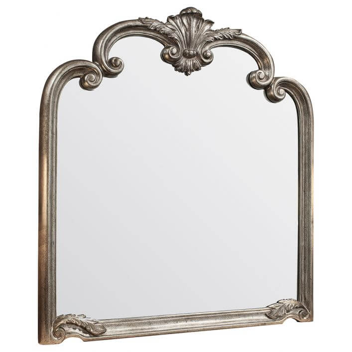 Ballagio Overmantle Mirror in Silver Leaf, 104cm x 115cm, with elegant ornate detailing and aged charm.