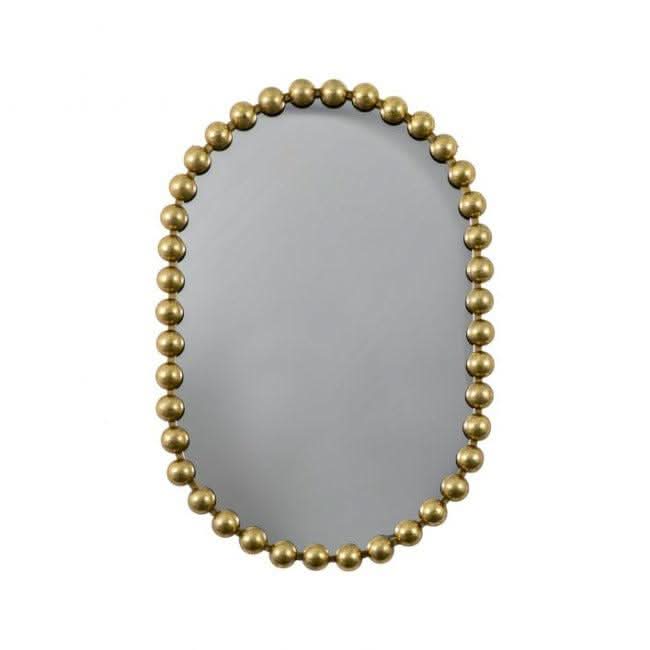 Gold Pill Mirror with oversized beading and black finish frame, sophisticated and stylish design for modern home decor.