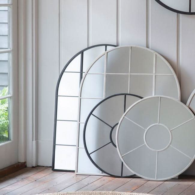 Elegant Hailey Arch Wall Mirrors in white and black finishes, showcasing a soft white window-style design, perfect for home or bathroom decor.
