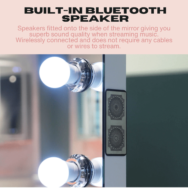 Alt Tag: Houston Bluetooth Hollywood Mirror with built-in speakers and LED bulbs, offering optimal lighting and sound for makeup routines.