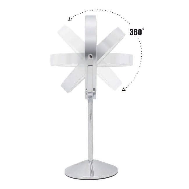 Illuminated Round Cosmetic Mirror (Rechargeable, 20cm diameter) is shown rotating 360°, with a dotted semicircle and 360° label; transparent overlays highlight its adjustable stand and various angles.